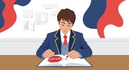 Young Student Redefines Symbols Writing And Drawing On A Page At His Desk
