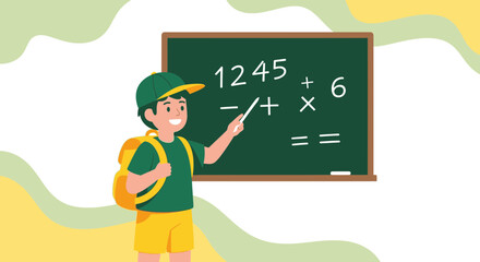 Young Student Solving Mathematical Equations on Blackboard with Colorful Background