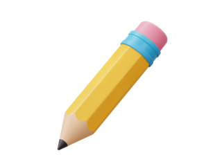 A bright yellow wooden pencil with a pink eraser and blue band isolated on transparent background