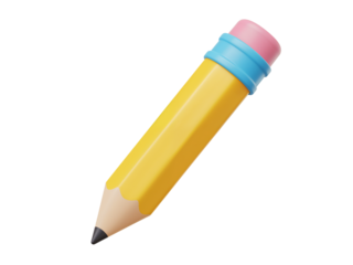 A bright yellow wooden pencil with a pink eraser and blue band isolated on transparent background