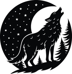 Majestic wolf howling at full moon night sky silhouette art