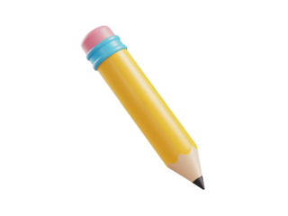 A bright yellow cartoon pencil with a pink eraser and blue band stands out against a stark black background isolated on transparent background
