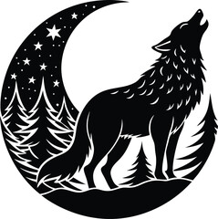 Majestic wolf howling at a full moon silhouette in vibrant colors © Mofajjol