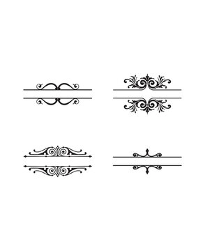 Set of four refined black calligraphic decorative dividers and text frames on an isolated white background, elegant page accents