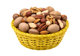 A vibrant assortment of nuts fills a cheerful yellow basket against a stark black background.