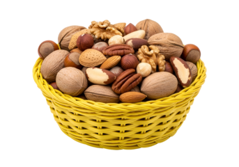 A vibrant assortment of nuts fills a cheerful yellow basket against a stark black background.