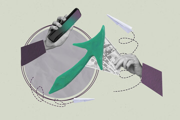 Image art collage of hand gesture phone dollars with arrows going up on pastel background