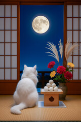 子猫と月見団子　満月を眺める和室の風景