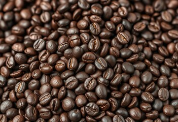 Fototapeta premium Dark roasted coffee beans cascading onto a pile of others, harvest, cafe