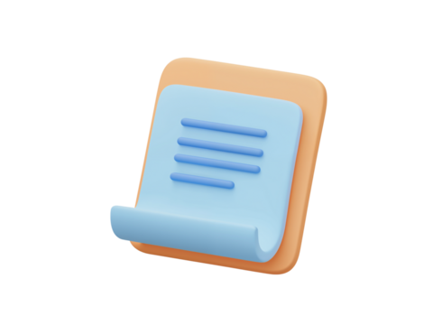 A 3d rendered icon of a document with text and a rolled corner isolated on transparent background