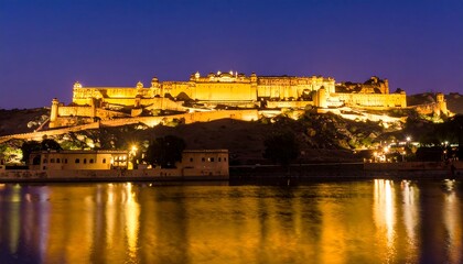 Obraz premium Illuminated fort at twilight, reflected in water