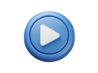 A bright blue circular play button with a white triangular play icon in the center isolated on transparent background