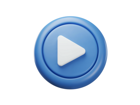 A bright blue circular play button with a white triangular play icon in the center isolated on transparent background