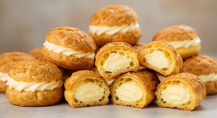 Fototapeta premium Pile of Golden Pastries Filled with Sweet Cream on Neutral Background