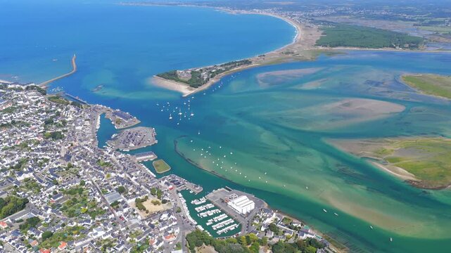 Aerial view of the french village of Le Croisic in Guerande France with sailboats parked in the bay 