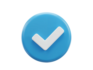 A vibrant blue circle with a crisp white checkmark symbol indicating approval or verification isolated on transparent background