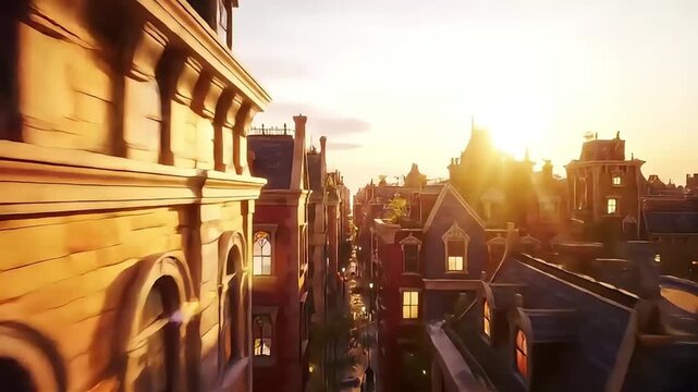 Golden Sunrise Over a Picturesque Old European Town Street with Classic Architecture.