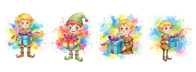 Watercolor Elves with Gifts