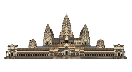 Stylized rendition of Angkor Wat, iconic Khmer temple showcasing intricate architecture and cultural heritage, isolated on a white background