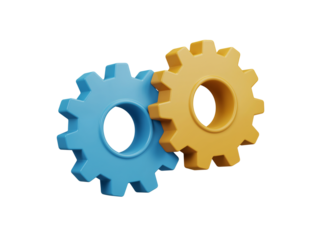 Two interlocking 3d rendered gears one blue and one yellow symbolizing teamwork and connection isolated on transparent background