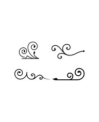 Set of four dynamic black calligraphic swirls and decorative arrows on an isolated white background, elegant graphic elements
