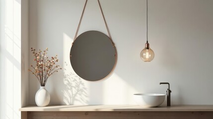 Serene Bathroom Vanity with Hanging Mirror, Modern Pendant Light, and Dried Flower Arrangement