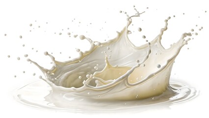 3D render photorealistic top-view milk splash on pure white background. The dynamic fluid motion shows creamy white textures, droplets, and curved shapes in bright even lighting, ideal for dairy produ