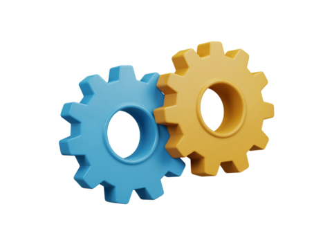 Two interlocking 3d rendered gears one blue and one yellow symbolizing teamwork and connection isolated on transparent background