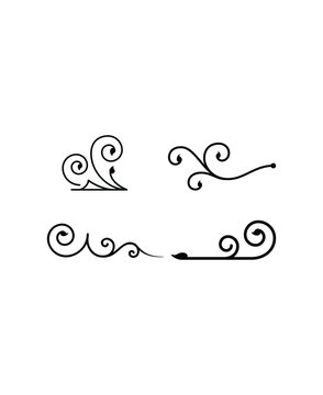 Set of four dynamic black calligraphic swirls and decorative arrows on an isolated white background, elegant graphic elements