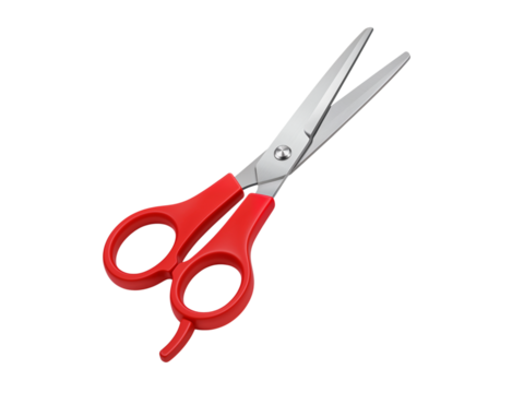 Pair of sharp metal scissors with bright red handles for cutting and crafting isolated on transparent background