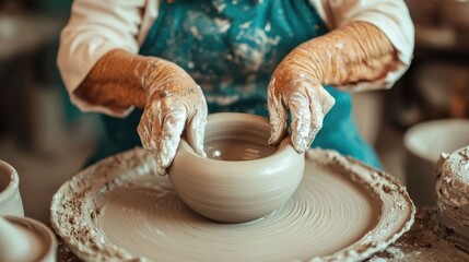 Experienced hands of a senior engaged in shaping clay on a pottery wheel during a craft class focusing intently on the creative process of ceramic art