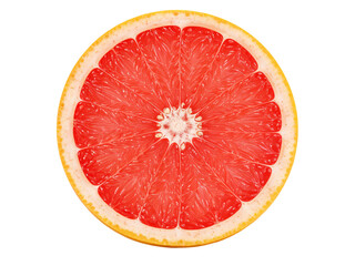 Close up of a vibrant pink grapefruit slice showing juicy segments and a white core isolated on transparent background