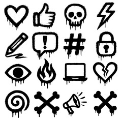 A collection of 16 black and white graffiti-style icons, each with a dripping effect, representing various concepts and symbols. isolated on a white background.