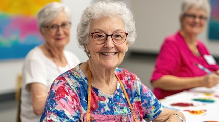 Vibrant scene of a group of lively senior adults engaged in a collaborative art workshop expressing their creativity through painting and sharing their skills and experiences with each other