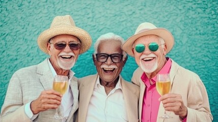 A group of joyful senior companions gathered together celebrating life milestones and anniversaries with infectious laughter festive attire and a shared sense of camaraderie and contentment