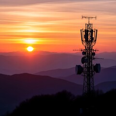 Silhouette of a telecommunications tower at sunset over mountains