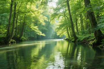 Lush Green Trees and Serene River Background