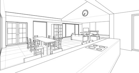 Fototapeta premium interior kitchen living room 3d illustration 