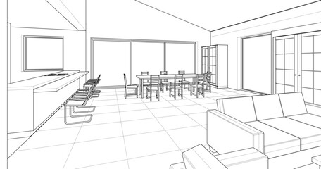 interior kitchen living room 3d illustration	
