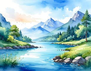 Watercolor landscape of a serene river valley with mountains