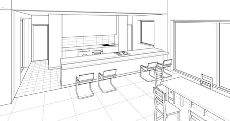 interior kitchen living room 3d illustration	
