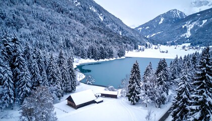 Snowy alpine lake nestled in a valley