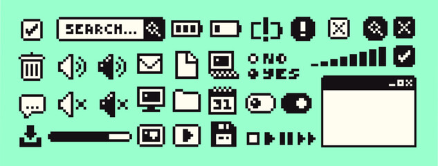 A collection of retro pixelated user interface icons. Creative digital assets for web and app design with a nostalgic 90s aesthetic for your DIY digital projects © virinaflora