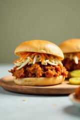 A delectable sandwich featuring a flavorful meat filling, topped with a vibrant slaw and served on a soft bun, a culinary delight presented on a rustic wooden platter.