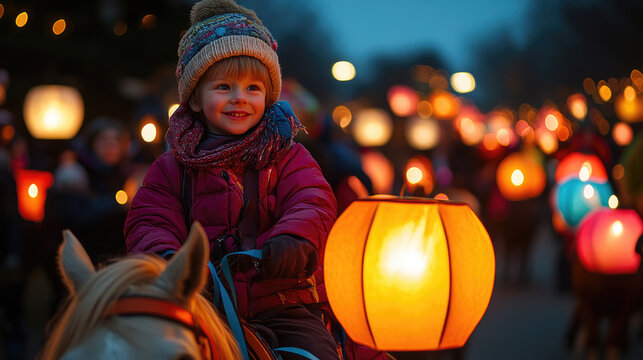 Young child riding white horse, holding glowing paper lantern during Saint Martin's Day festive procession, commemorating medieval religious tradition