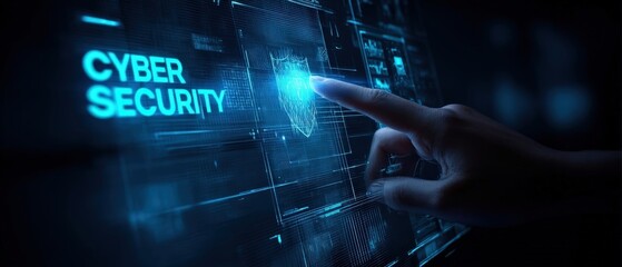 A hand interacts with a glowing interface displaying "CYBER SECURITY," symbolizing technology and digital safety in a futuristic setting.