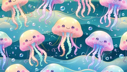 Naklejka premium Seamless cute pattern of pastel jellyfish with glowing tentacles, tiny bubbles, dreamy kawaii ocean design