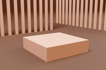 Podium in Peach Fuzz color. Mock up scene to show products. Showcase, shopfront, display case. 3d render.