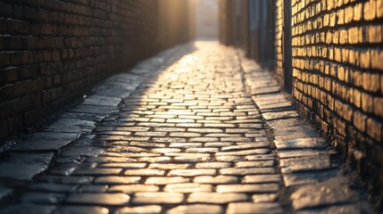 A narrow dimly lit alleyway with brick walls and cobblestone pavement where soft warm light barely seeps through creating a moody