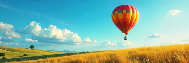 Naklejka premium A whimsical hot air balloon floats serenely against a vibrant blue sky, casting a long shadow on the landscape below Perfect for travel, adventure, freedom concepts , perspective, scenic